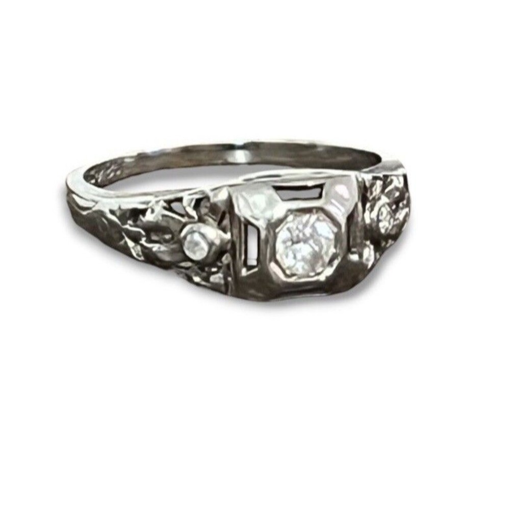 Antique Art Deco Round Diamond Ring 18K White Gold Ribbon Bow 0.15ct Size 6